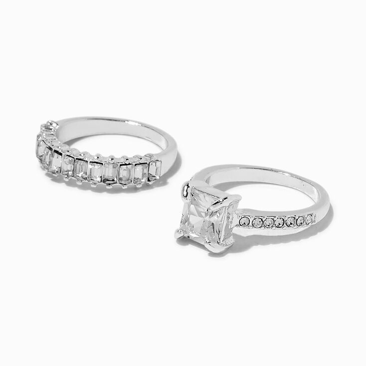 Silver-tone Cubic Zirconia Emerald Cut Rings - 2 Pack,