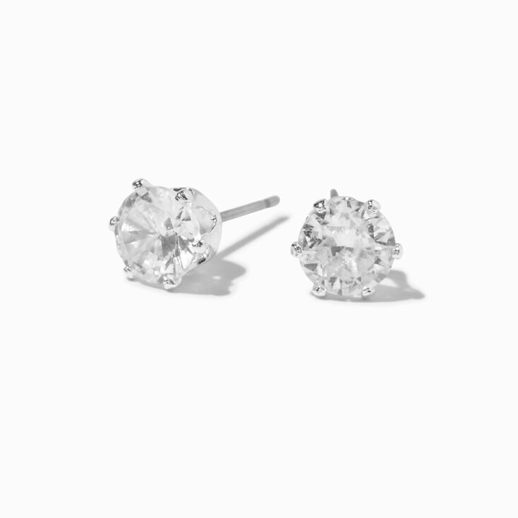 Silver-tone Cubic Zirconia 6mm Round Stud Earrings,