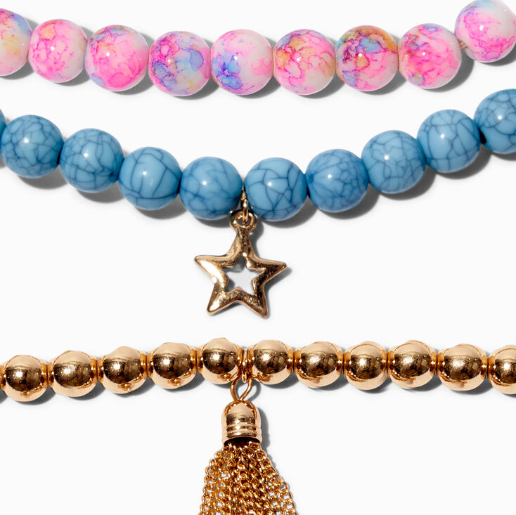 Bracelets &eacute;lastiques perl&eacute;s effet marbr&eacute; bleu &eacute;toile - Lot de 3,