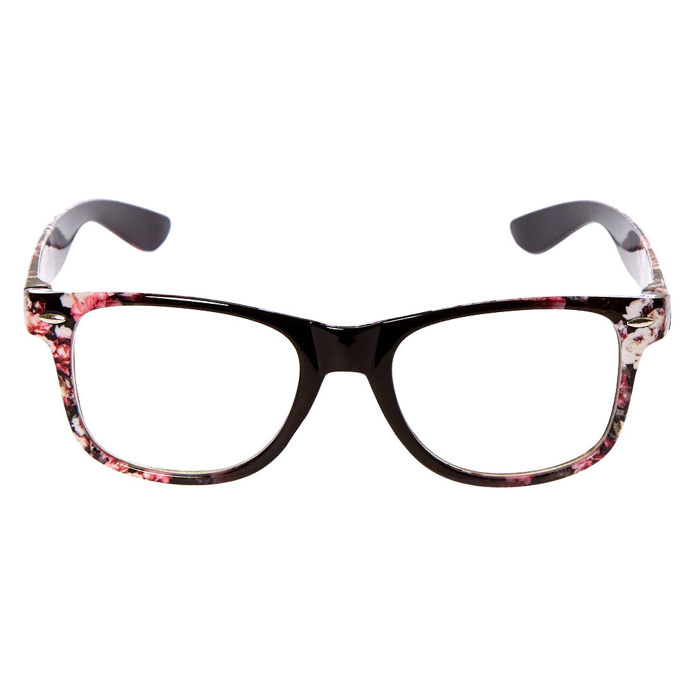 Floral Print Retro Clear Lens Frames - Black,