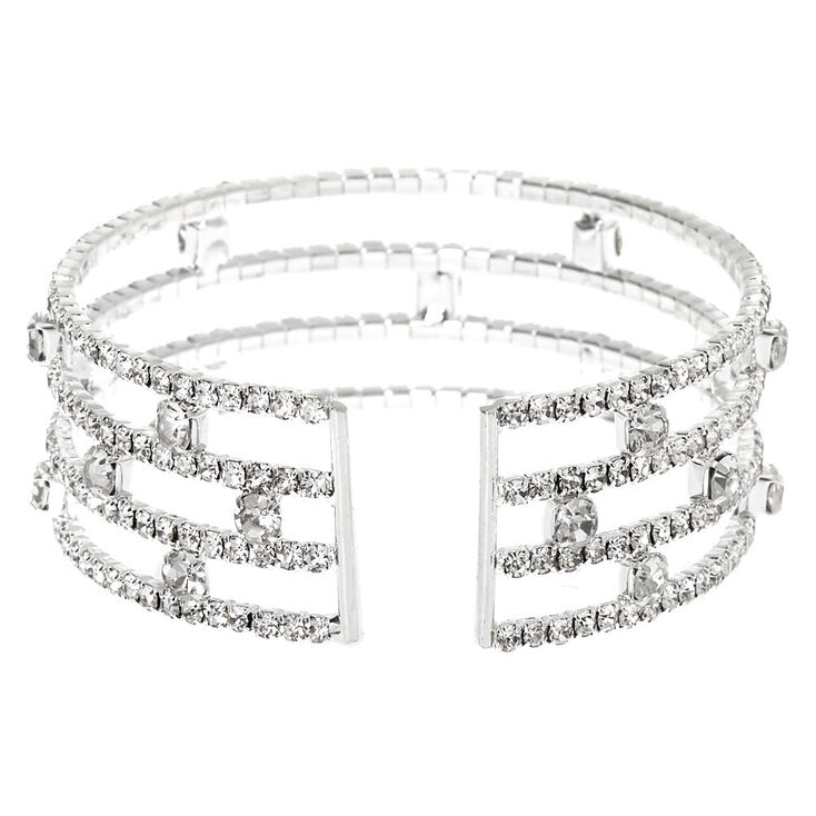 Silver Rhinestone Stacked Cuff Bracelet,