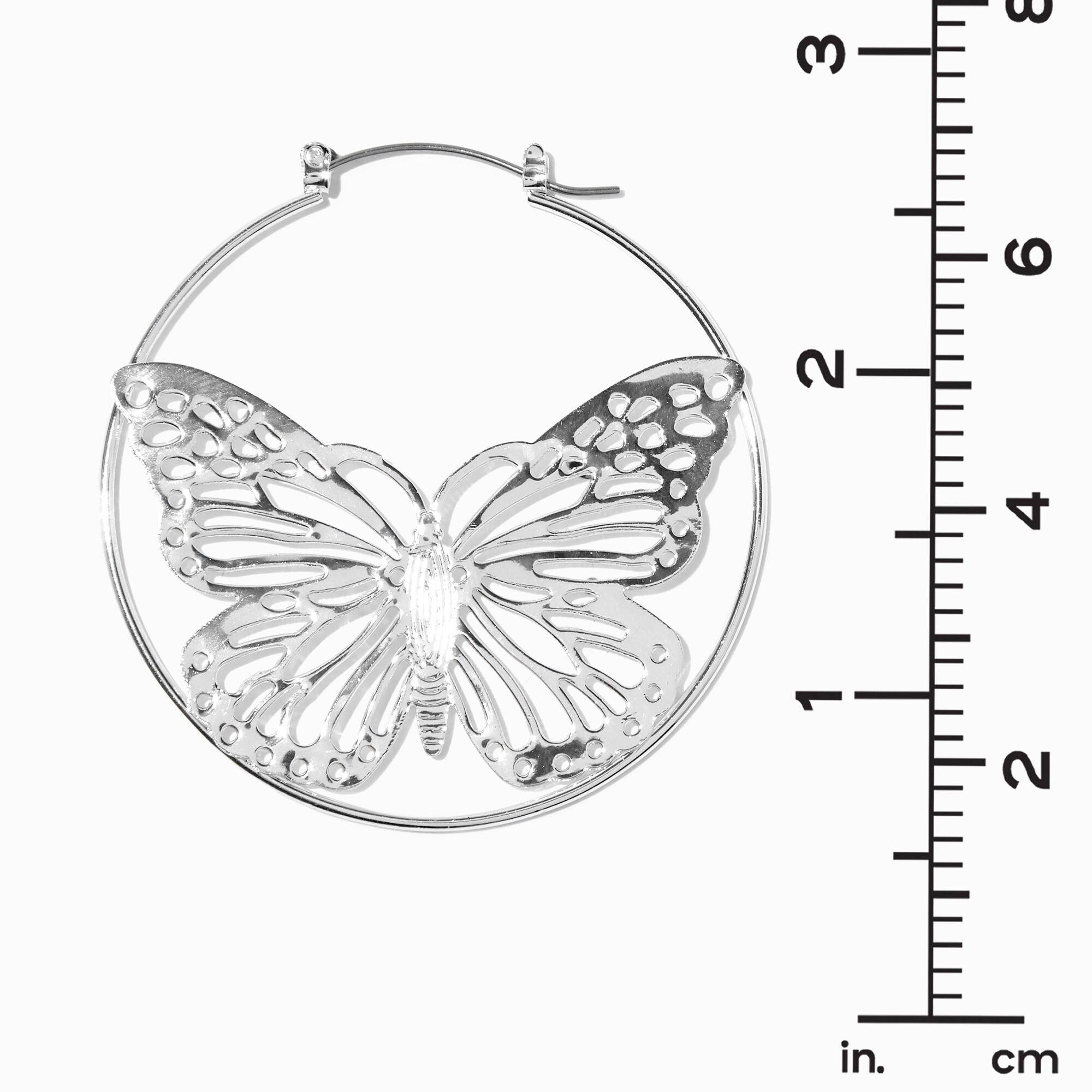 Silver-tone Filigree Butterfly 50mm Hoop Earrings ,