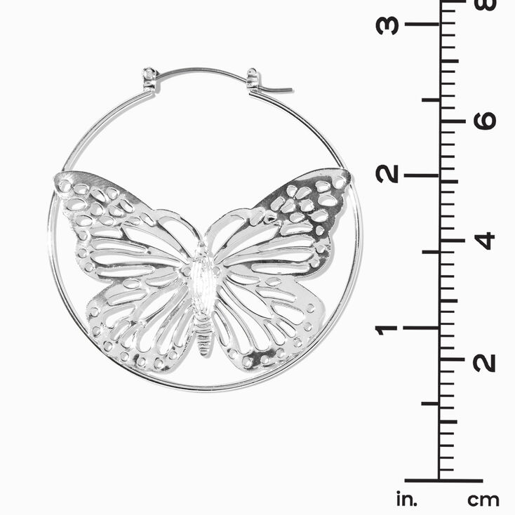 Silver-tone Filigree Butterfly 50mm Hoop Earrings ,