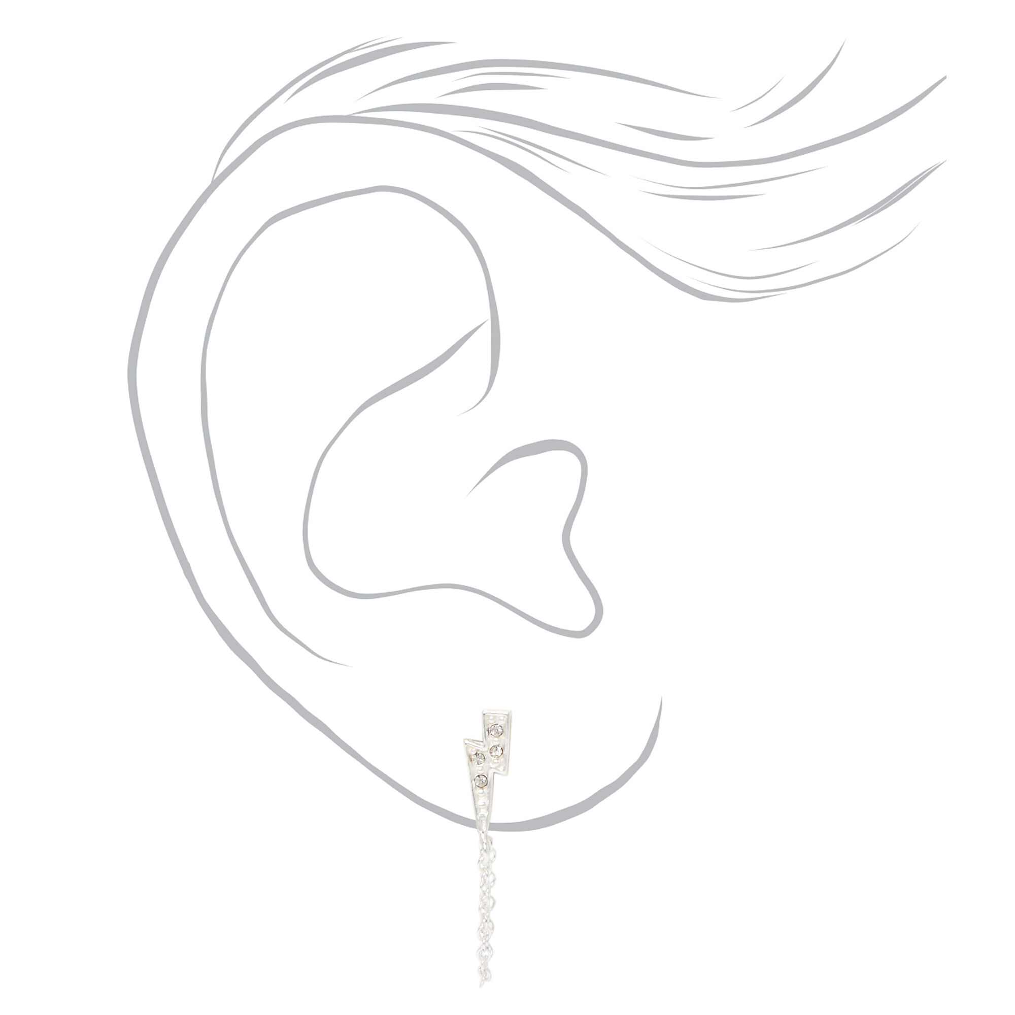 Silver Lightning Bolt Front and Back Chain Stud Earrings,
