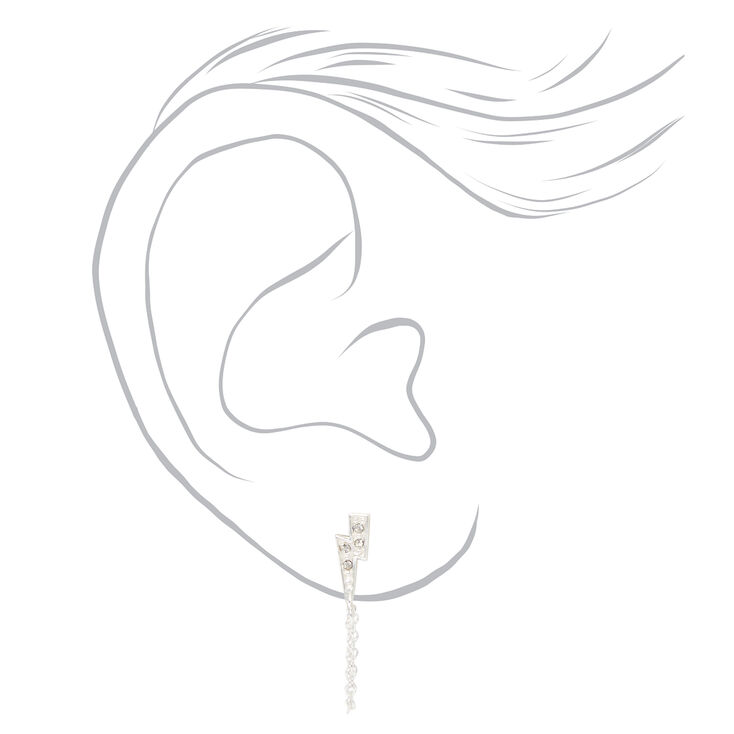Silver Lightning Bolt Front and Back Chain Stud Earrings,