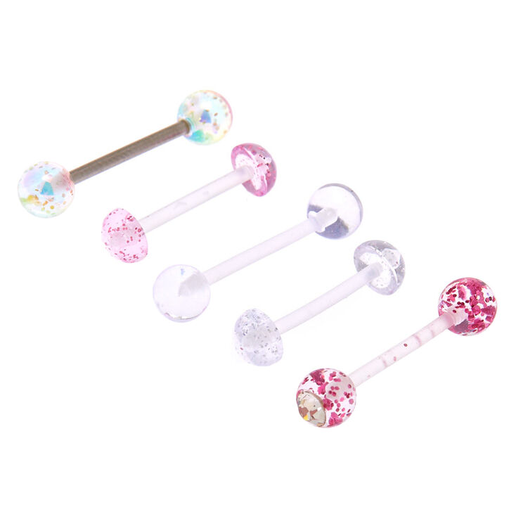 14G Pastel Glitter Tongue Rings - Clear, 5 Pack,