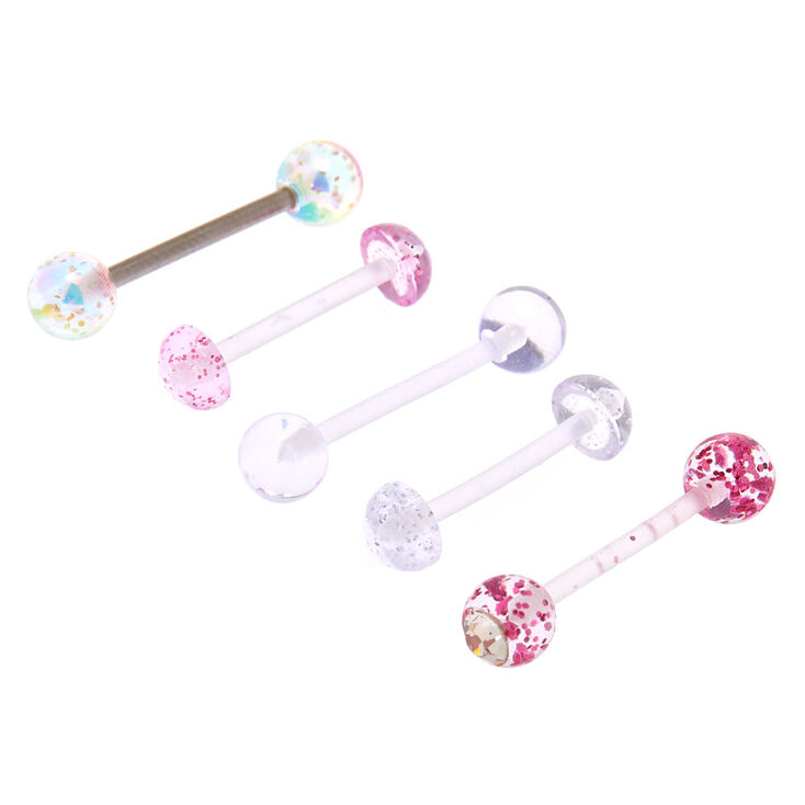 Lot de 5&nbsp;barres de piercing de langue transparents &agrave; paillettes,