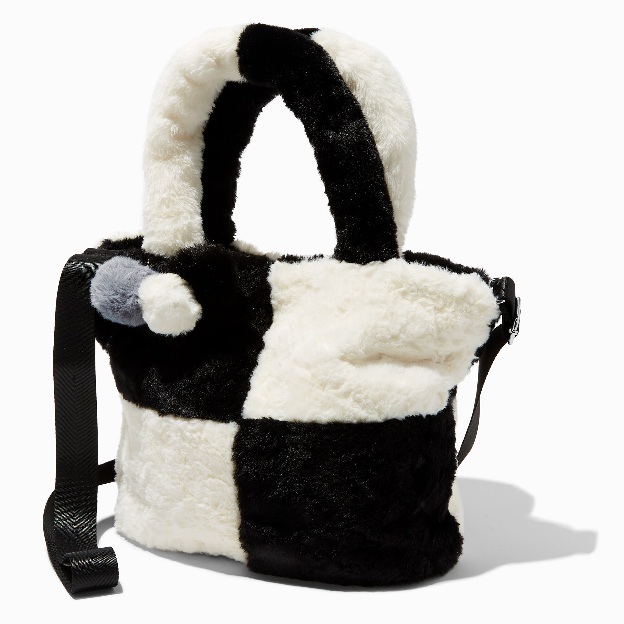View Claires Furry Black Colorblock Crossbody Tote Bag White information