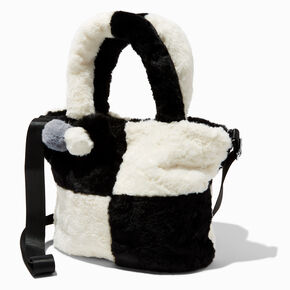 Furry Black &amp; White Colorblock Crossbody Tote Bag,