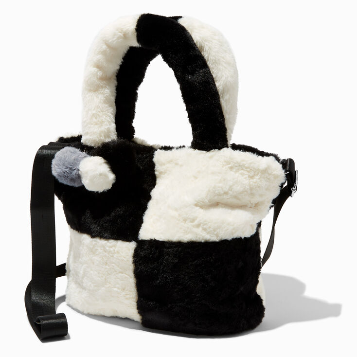 Furry Black & White Colorblock Crossbody Tote Bag