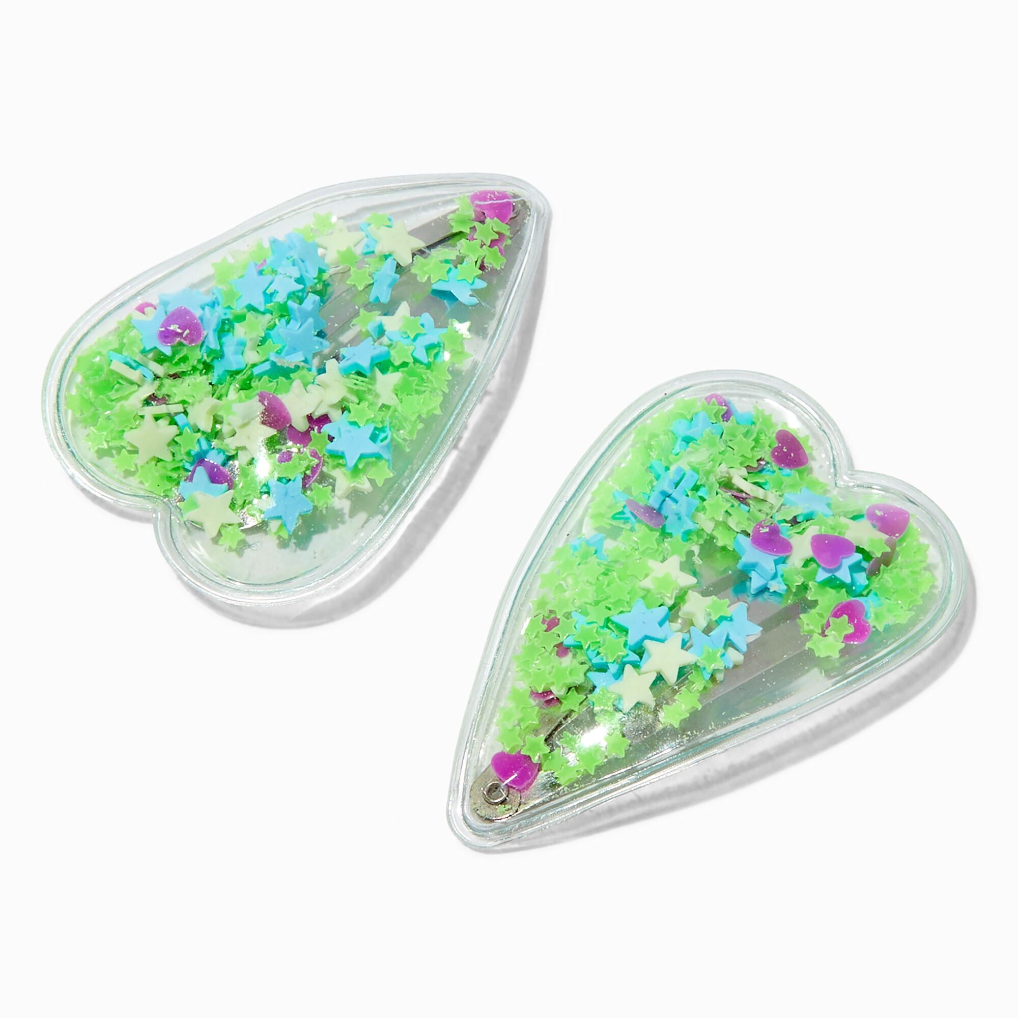 View Claires Club Shaker Heart Snap Hair Clips 2 Pack Green information