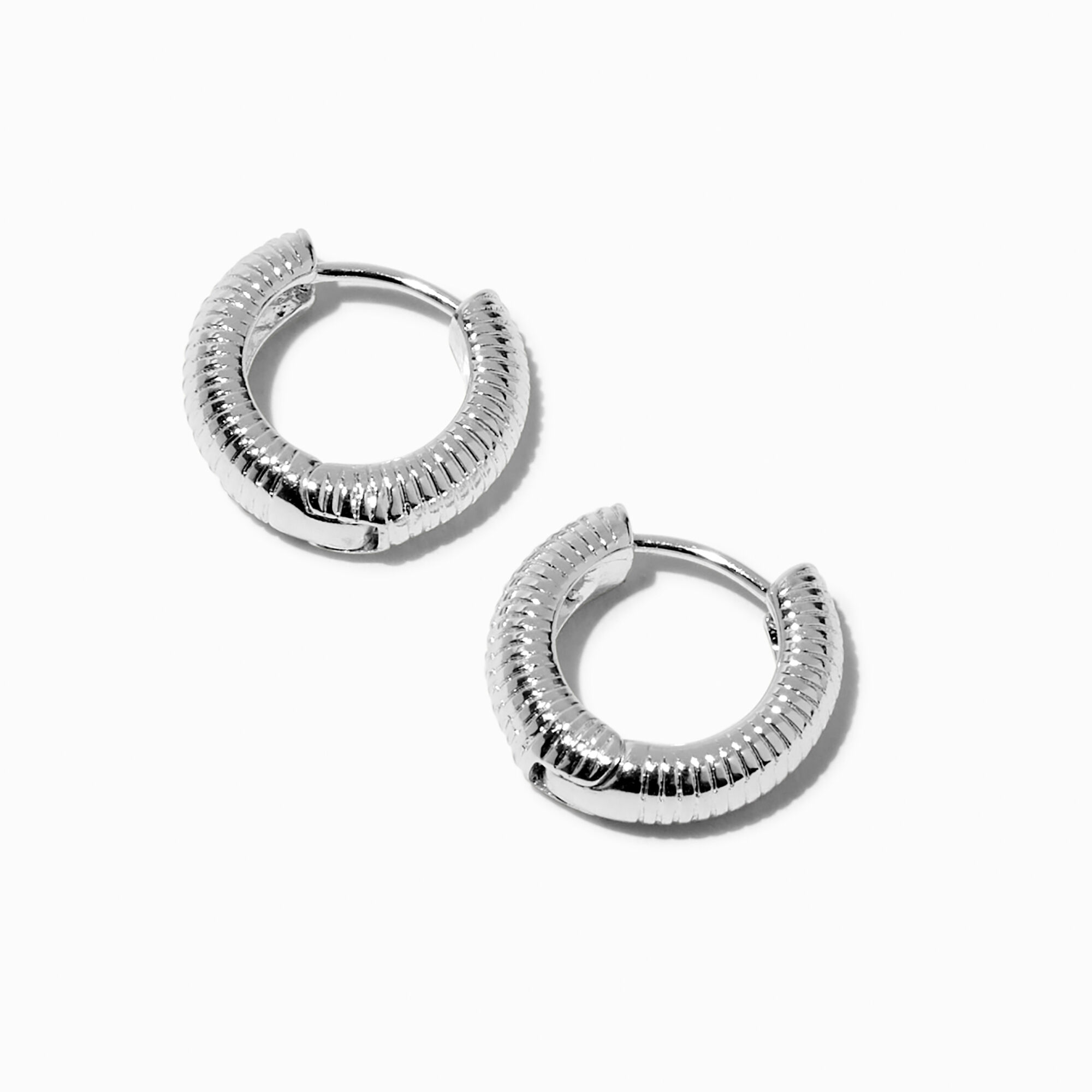 View Claires Tone 10MM Ridged Clicker Hoop Earrings Silver information