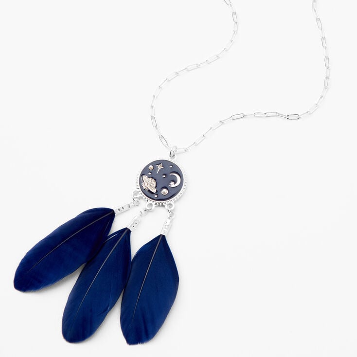Silver Celestial Feather 24&quot; Pendant Necklace - Navy Blue,