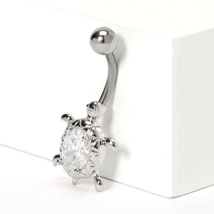 Silver 14G Cubic Zirconia Turtle Stone Belly Ring,
