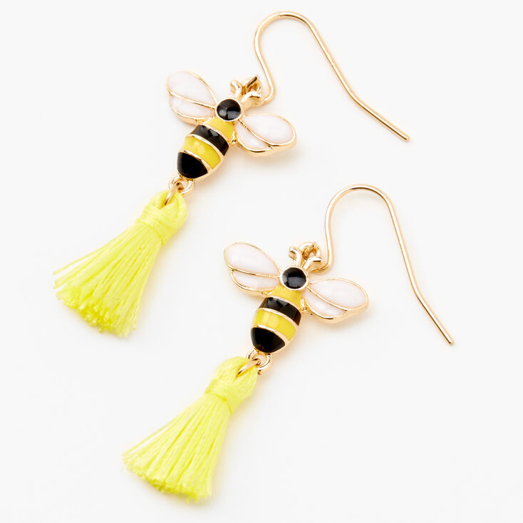 Gold 1&quot; Bee Tassel Drop Earrings - Yellow,