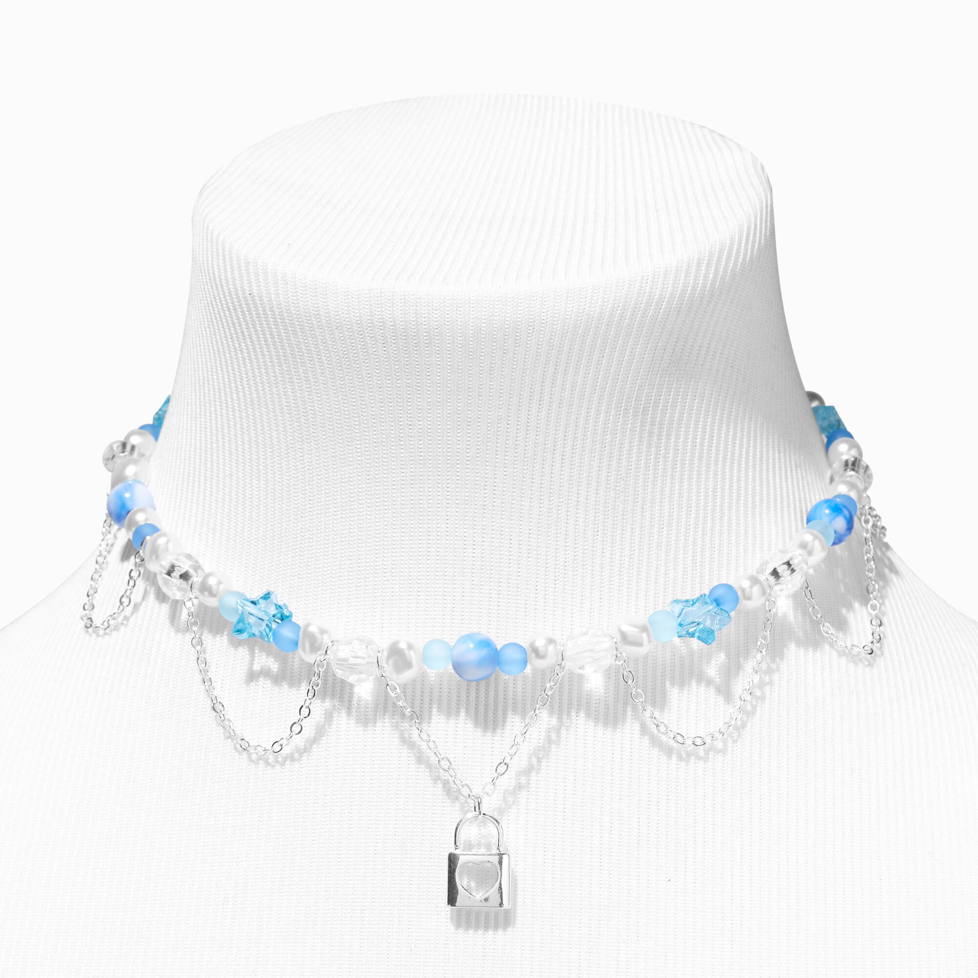 Silver Padlock Blue Beaded Choker Necklace Claire s US