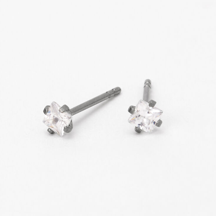 Silver Titanium Cubic Zirconia Square Stud Earrings - 3MM,