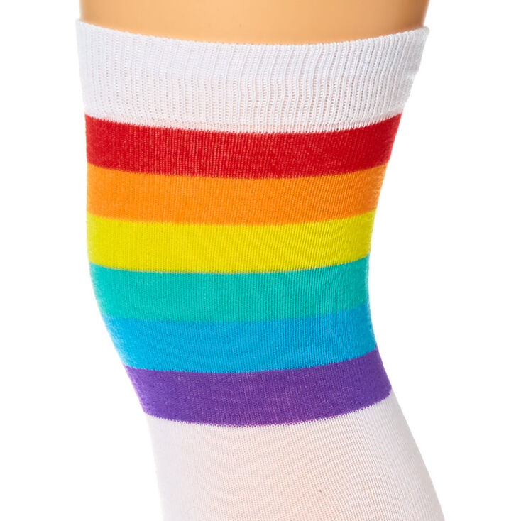 Rainbow Striped Over the Knee Socks - White,