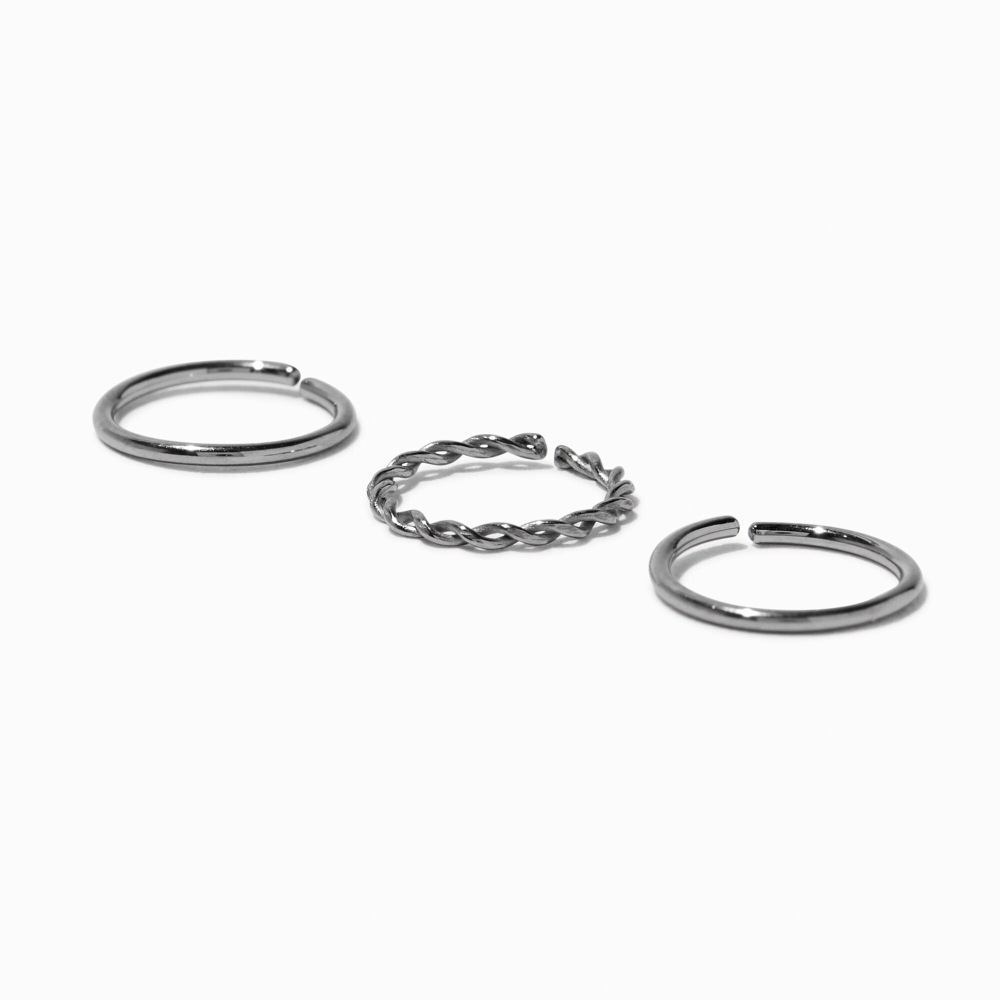 20G Silver-tone Titanium Braided & Smooth Nose Hoop Rings - 3 Pack,