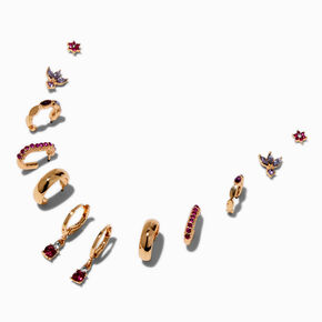 Boucles d&rsquo;oreilles superposables couleur dor&eacute;e et strass roses et violets - Lot de 6,