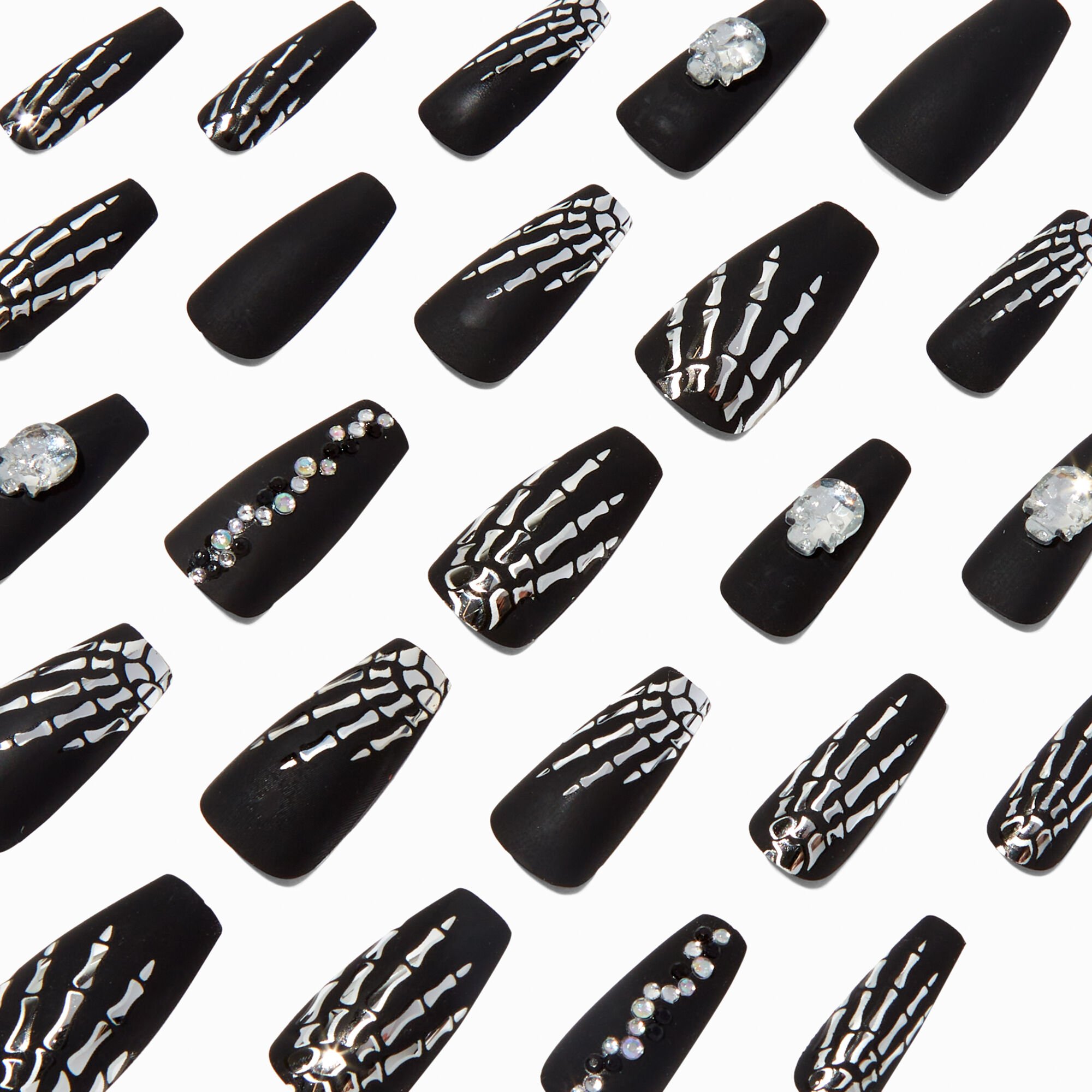 View Claires Embellished Skeleton Stiletto Press On Faux Nail Set 24 Pack information