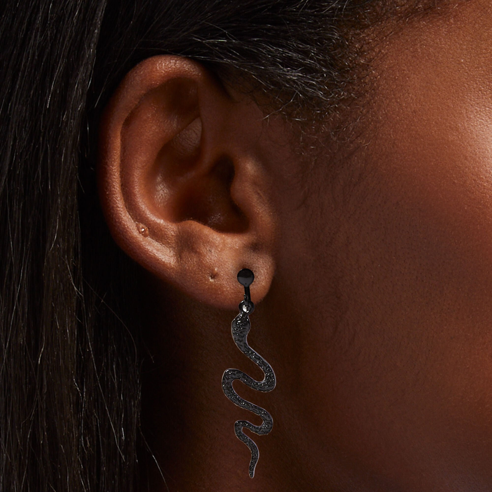 Black 2 Embellished Snake Clip On Drop Earrings
