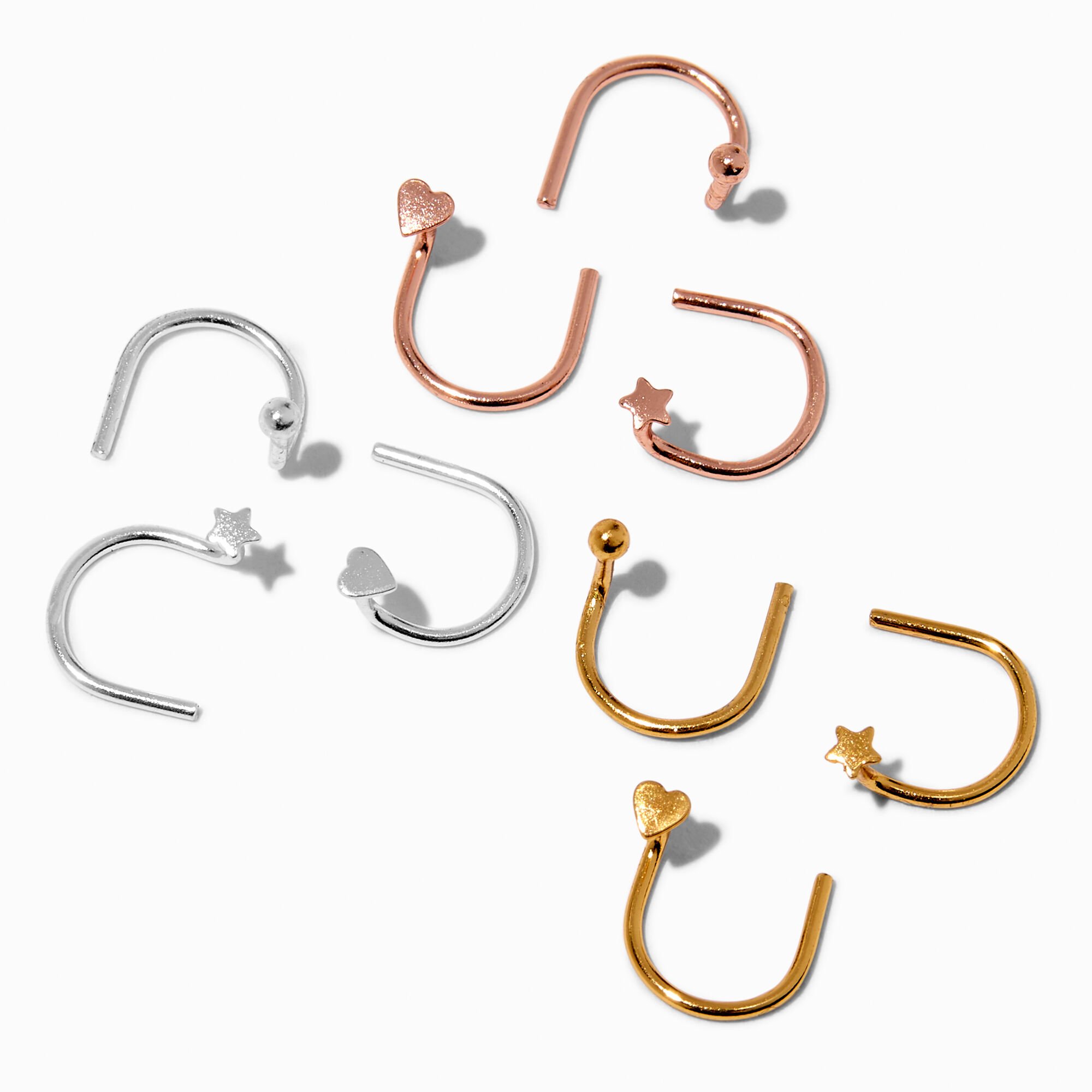 Clous de nez en forme de U boules, cœurs, étoile couleur argentée en métaux mixtes - Lot de 9,