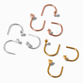 Clous de nez en forme de U boules, c&oelig;urs, &eacute;toile couleur argent&eacute;e en m&eacute;taux mixtes - Lot de 9,