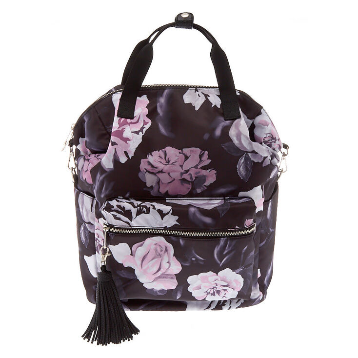 Claire's Sac à dos matelassé noir à double poignée avec motif floral