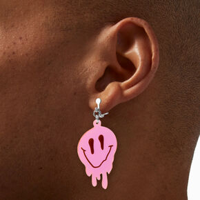Melting Pink Happy Face 2&quot; Clip-On Drop Earrings,