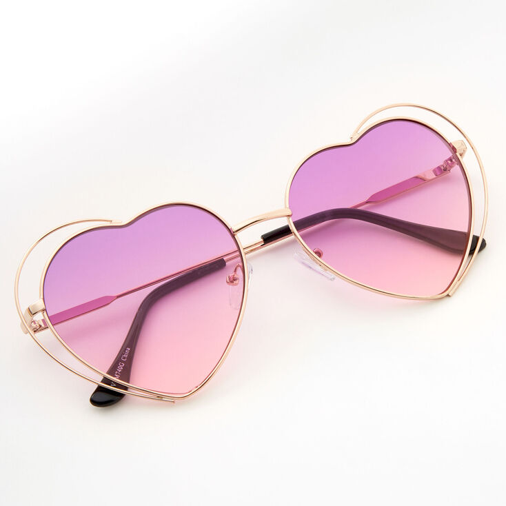 Gold Double Heart Sunglasses - Purple,