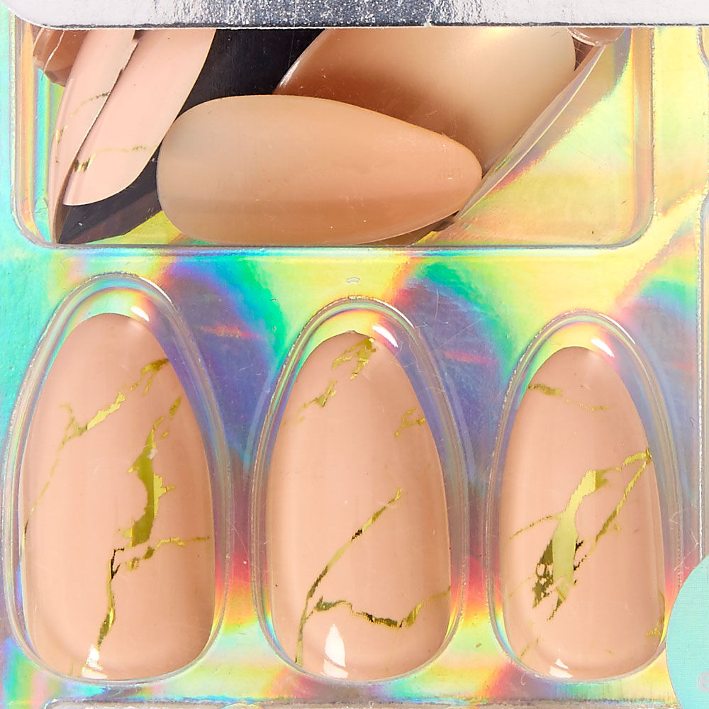 Faux ongles stiletto effet marbré métallisé couleur dorée - Nude, lot de 24,