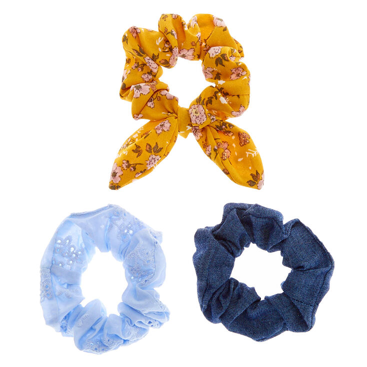 Claire's Chouchous œillet floral denim - Jaune moutarde, lot de 3