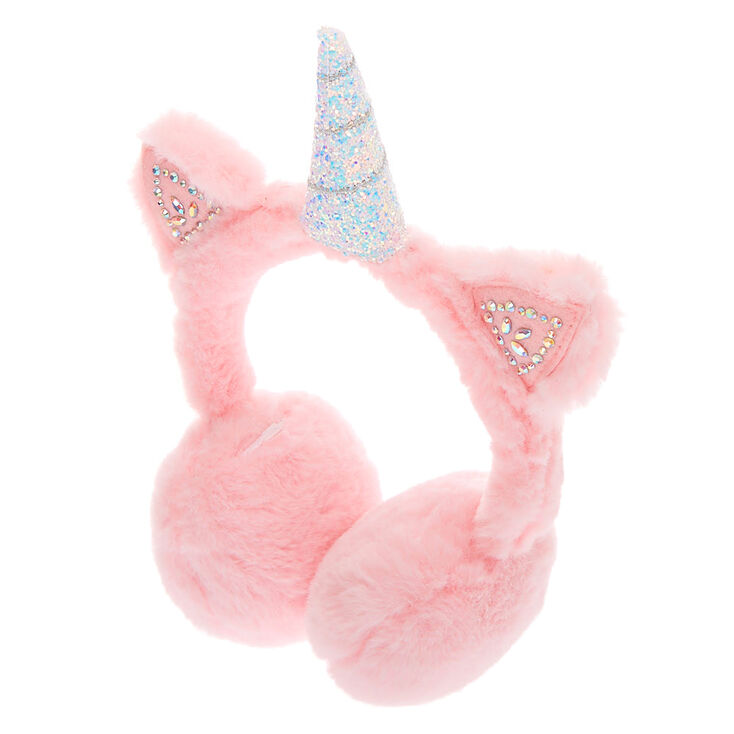 Cache-oreilles doux rose avec d&eacute;coration licorne,