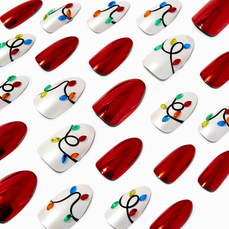 Faux ongles autocollants stiletto Lumi&egrave;res de No&euml;l - Lot de 24,