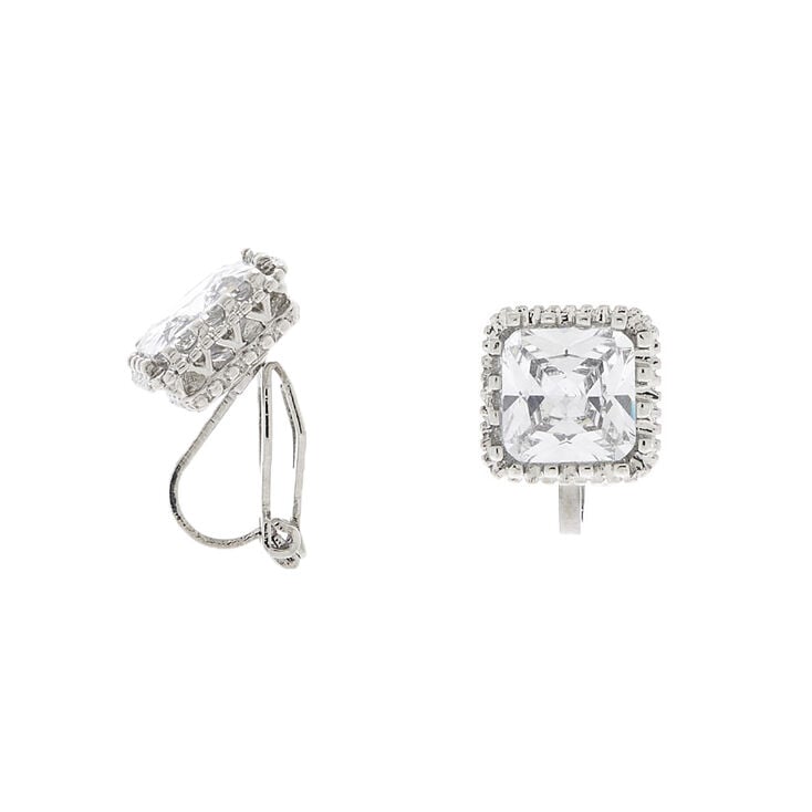 Silver Cubic Zirconia 8MM Square Clip On Stud Earrings,