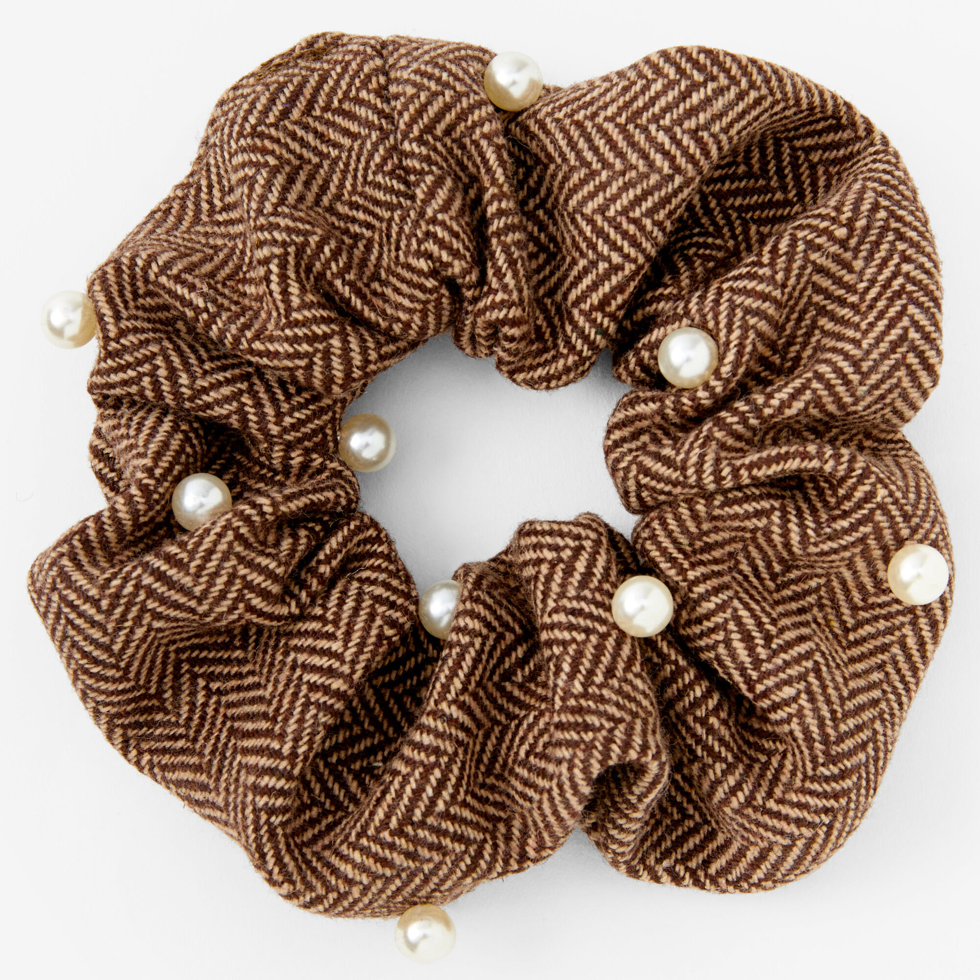 Claire's Gros chouchou en tweed avec perles d’imitation - Marron
