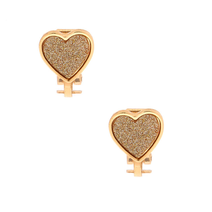 Gold Glitter Heart Clip On Earrings,