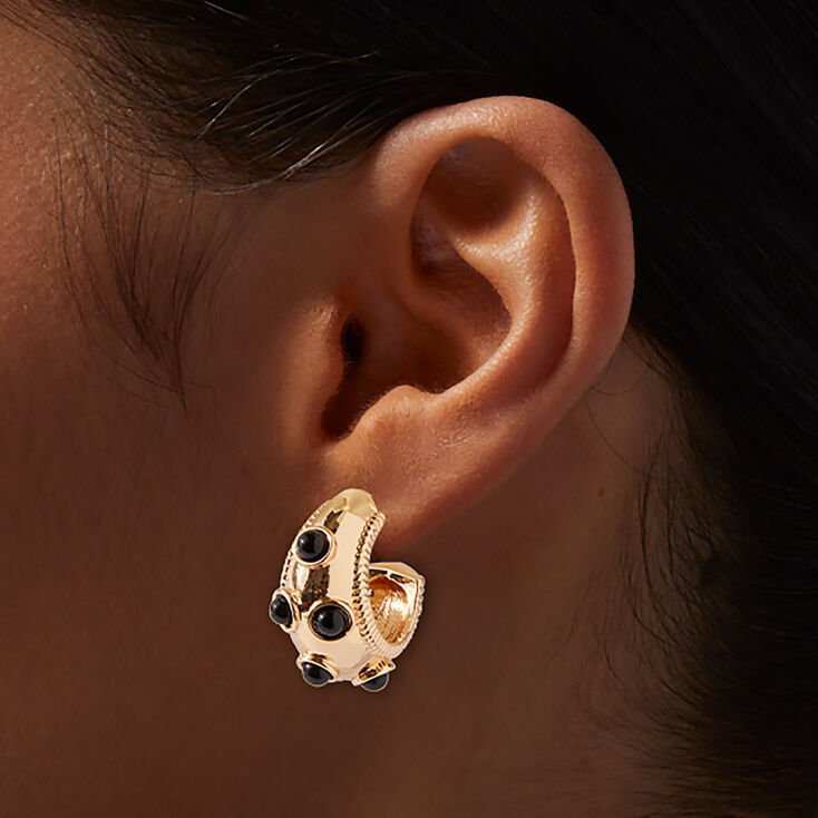 Black Dotted Gold-tone Hoop Earrings ,