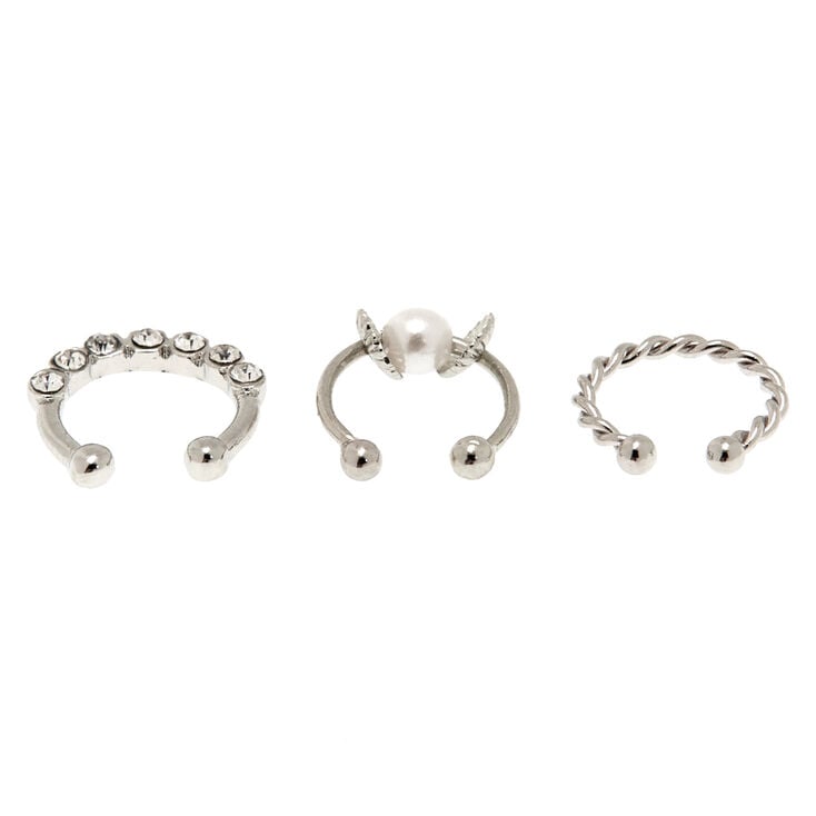 Silver Crystal Pearl Faux Cartilage Hoop Earrings - 3 Pack,
