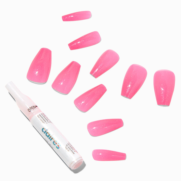 Hot Pink Glitter Jelly Squareletto Vegan Faux Nail Set - 24 Pack,