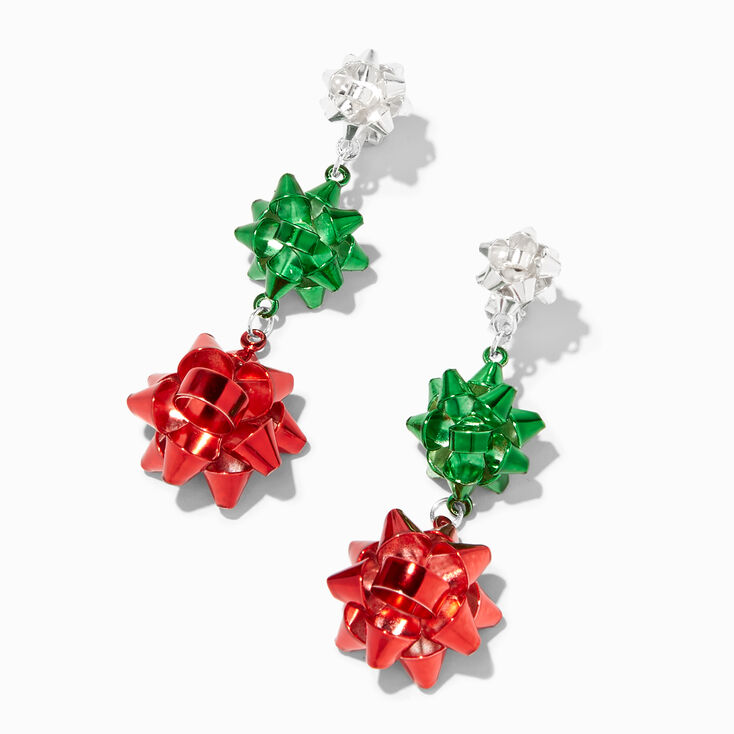 Silver 2&quot; Gift Bows Linear Clip-On Drop Earrings,