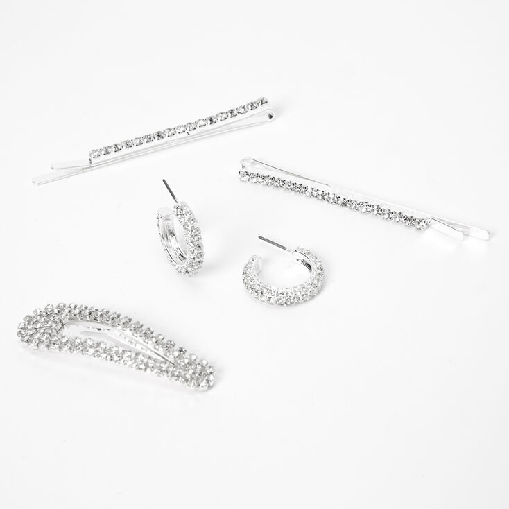 Silver Rhinestone Hair Pins, Snap Clip, &amp; Earring Set,
