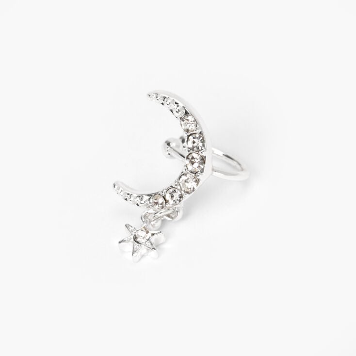 Silver Crescent Moon Star Dangle Ear Cuff,