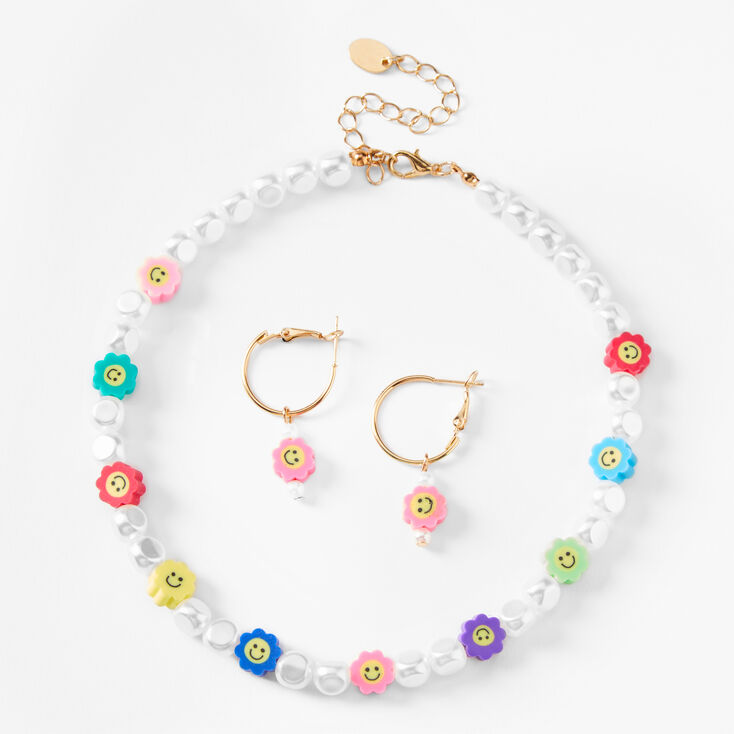 Pearl Daisy Happy Face Choker &amp; Huggie Hoops Set &#40;2 Pack&#41;,