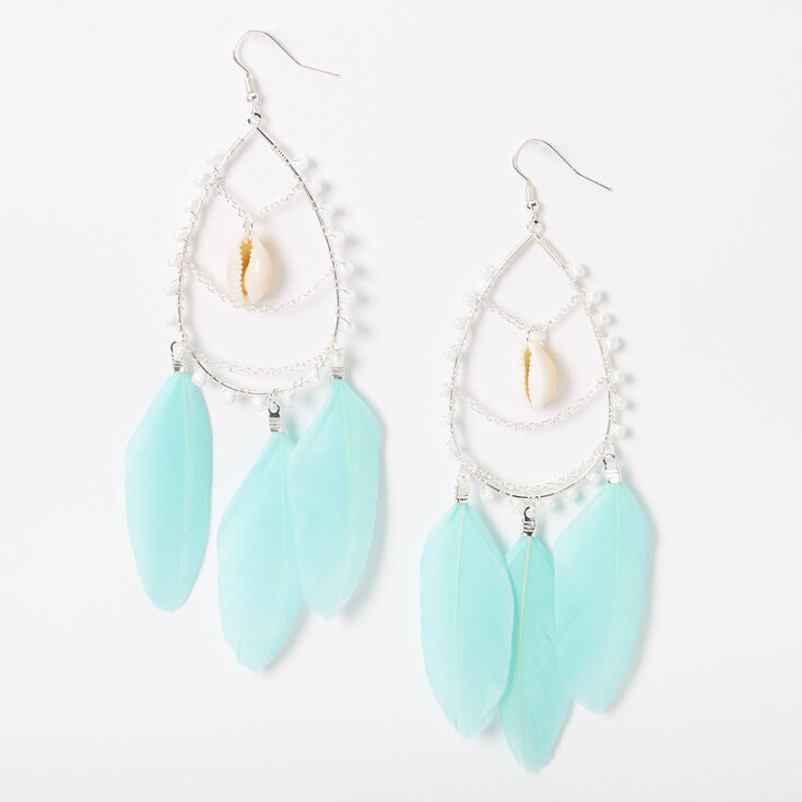 Silver 4.5&quot; Beaded Teardrop Feather Drop Earrings - Turquoise,