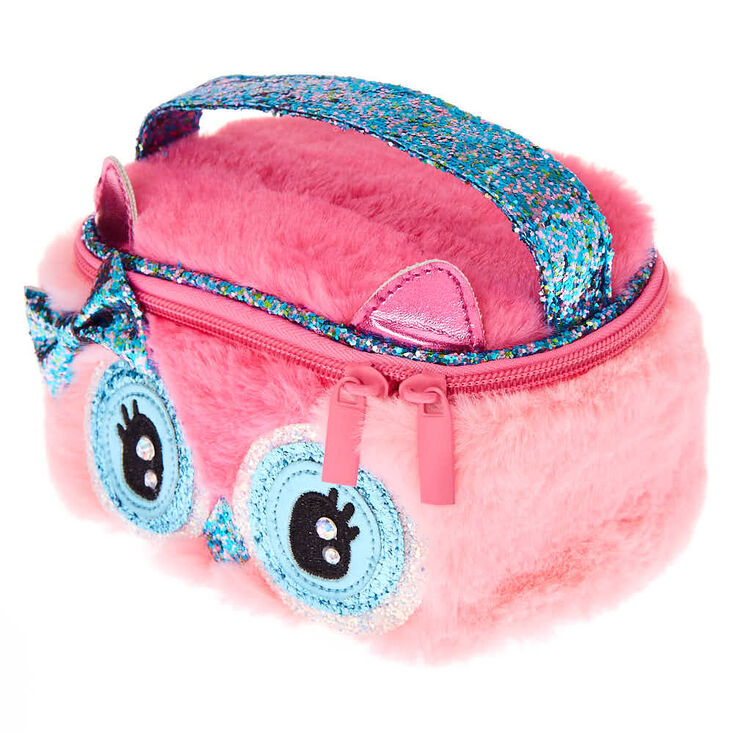 Trousse de maquillage chouette en peluche rose,