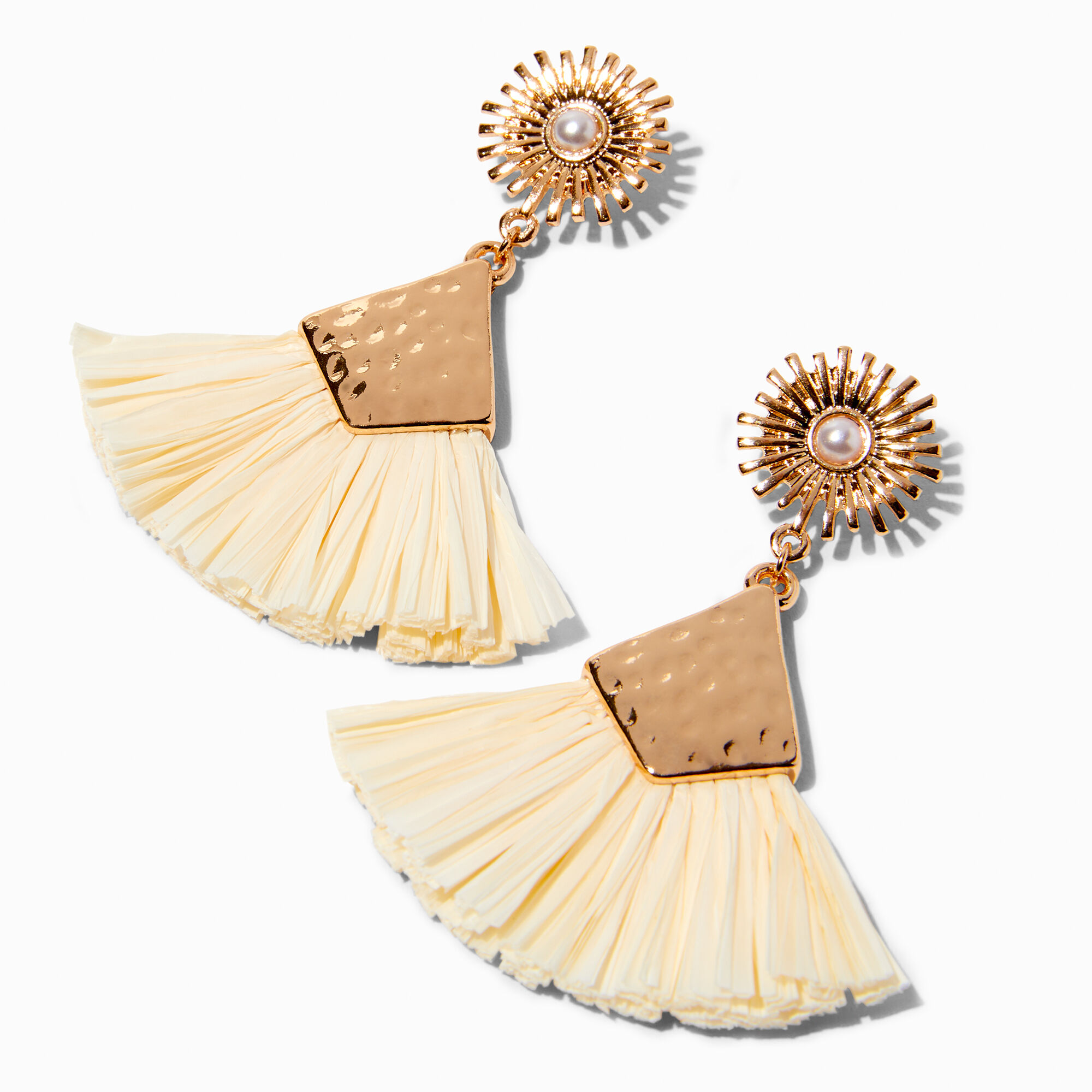 View Claires Cream Raffia Fan 3 Burst Linear Drop Earrings Gold information