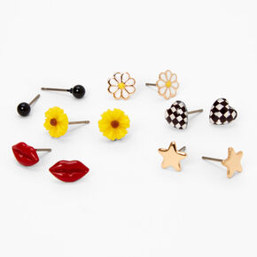 Hearts and Flowers Stud Earrings - 6 Pack,