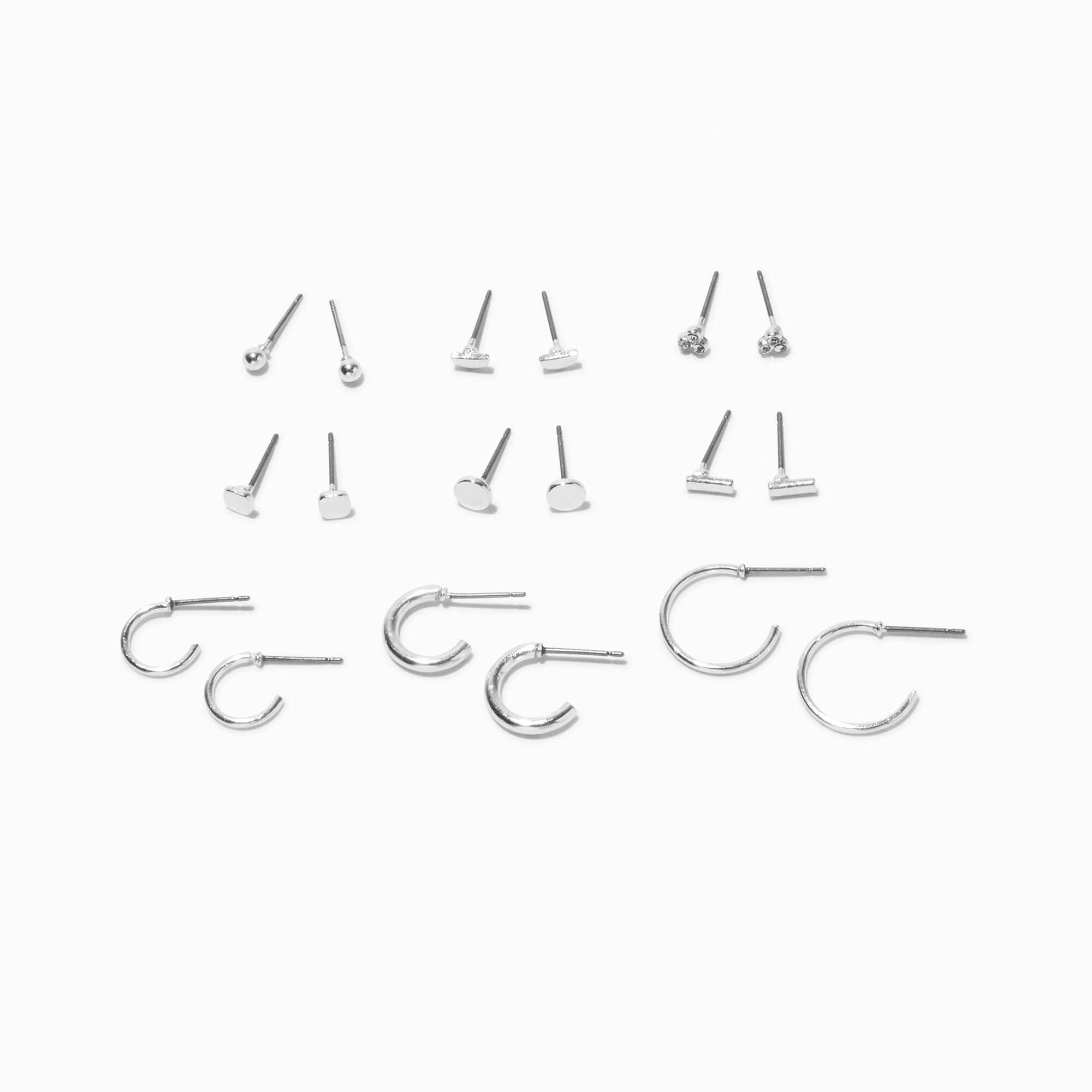 Silver-tone Mini Geometric Earrings Set - 9 Pack ,